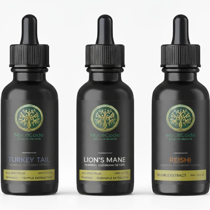 Three black bottles of MycoCode mushroom extracts on a white background. shown are Turkey tail, Lions Mane and Reishi extracts